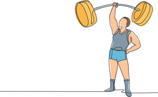 Single continuous line drawing the strongman lifted the curved barbell with only one hand. His muscles were clearly visible to the audience. Dynamic one line draw graphic design illustration. png