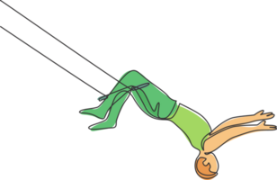 soltero continuo línea dibujo un masculino acróbata realiza en el trapecio con su piernas colgando y cabeza abajo mientras balanceo su mano. valiente y ágil. uno línea dibujar gráfico diseño ilustración. png