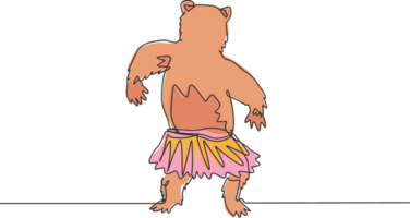 Continuous one line drawing a bear dances cutely while his back to the audience. Circus troupe traveling animals such as bears, elephants, lions. Single line draw design graphic illustration. png