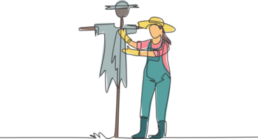 Single continuous line drawing a young female farmer in a straw hat putting up scarecrow to keep out pests of birds. Farming minimalist concept. One line draw graphic design illustration. png