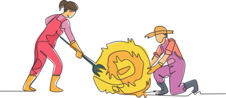 Single one line drawing female farmer was stabbing a haystack and rolling it with straw stick and the male farmer was helping her. Minimalism concept. One line draw design graphic illustration. png