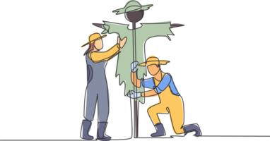 Single one line drawing of young couple farmer is installing a scarecrow to ward off pest birds. Farming challenge minimal concept. Modern continuous line draw design graphic illustration. png