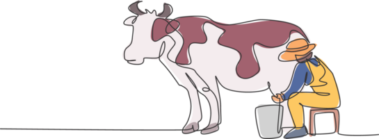 contínuo 1 linha desenhando jovem fêmea agricultor ordenha uma vaca com tradicional caminho. uma bem sucedido colheita atividade minimalismo conceito. solteiro linha desenhar Projeto gráfico ilustração png