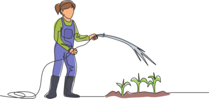 Continuous one line drawing young female farmer standing on farm field while watering the plants using a hose. Farmer planting activities concept. Single line draw design graphic illustration. png