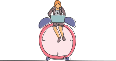 Single continuous line drawing young business woman sitting on big analog alarm clock and typing on laptop. Business time discipline metaphor concept. One line draw graphic design illustration. png