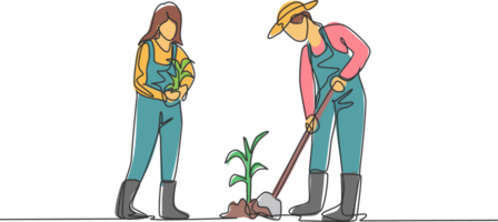 solteiro contínuo linha desenhando jovem casal agricultor pá a solo com a plantas usando uma pá. plantio Novo plantas. agricultura minimalismo conceito. 1 linha desenhar gráfico Projeto ilustração. png