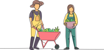 Single continuous line drawing happy couple farmer with wheelbarow trolley and basket full of fruits. A successful harvest activity minimalism concept. One line draw graphic design illustration png