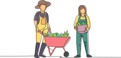 solteiro contínuo linha desenhando feliz casal agricultor com carrinho de mão carrinho e cesta cheio do frutas. uma bem sucedido colheita atividade minimalismo conceito. 1 linha desenhar gráfico Projeto ilustração png