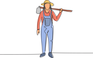 Continuous one line drawing young female farmer carried hoes on his shoulders and ready to go to farm. Farming challenge minimalist concept. Single line draw design graphic illustration. png