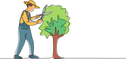 solteiro 1 linha desenhando do jovem masculino agricultor cortar a folhas em a árvore usando plantar tesoura. agricultura desafio minimalista conceito. moderno contínuo linha desenhar Projeto gráfico ilustração. png