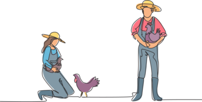 singolo uno linea disegno di uomo contadino trasportato il pollo con tutti e due mani. il femmina contadino inginocchiato giù per raccogliere su il pollo. agricoltura concetto. continuo linea disegnare design grafico illustrazione png