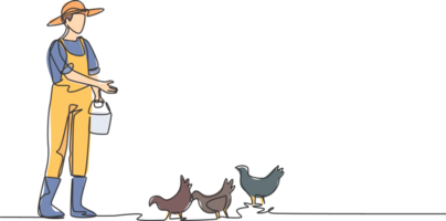 continuo uno línea dibujo joven masculino granjero es alimentación el pollos con pollo alimentar. exitoso agricultura ocupaciones minimalista concepto. soltero línea dibujar diseño gráfico ilustración. png