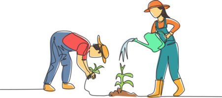 Single one line drawing of couple farmer water the plants using a watering can and planting plants. Farmer planting activities concept. Modern continuous line draw design graphic illustration. png