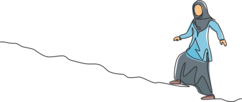 Single einer Linie Zeichnung von jung arabisch Geschäft Frau Gehen auf das bergauf Straße. Geschäft Herausforderung minimal Metapher Konzept. modern kontinuierlich Linie zeichnen Design Grafik Illustration. png