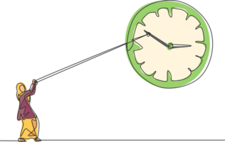 Célibataire continu ligne dessin Jeune arabe affaires femme tirant dans le sens horaire de gros analogique mur l'horloge avec corde. temps la gestion minimaliste concept. un ligne dessiner graphique conception illustration. png