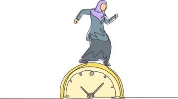 Célibataire un ligne dessin de Jeune arabe affaires femme en marchant sur le gros analogique horloge. minimalisme métaphore affaires date limite concept. moderne continu ligne dessiner conception graphique illustration. png