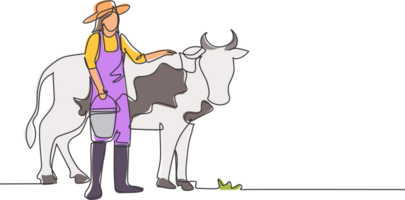 singolo uno linea disegno di giovane femmina contadino sfregamento il mucca mentre trasporto un' secchio di acqua. agricoltura sfida minimo concetto. moderno continuo linea disegnare design grafico illustrazione. png