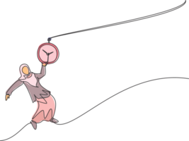 Continuous one line drawing young Arab female worker swinging on pocket watch chain to reach goals target. Time management minimalist concept. Single line draw design graphic illustration. png