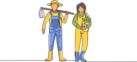 Single continuous line drawing young couple farmer shouldered hoes on his shoulders and carried buckets ready go to farm. Farming minimalism concept. One line draw graphic design illustration png
