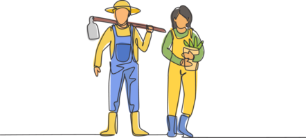 Single kontinuierlich Linie Zeichnung jung Paar Farmer geschultert Hacken auf seine Schultern und getragen Eimer bereit gehen zu Bauernhof. Landwirtschaft Minimalismus Konzept. einer Linie zeichnen Grafik Design Illustration png