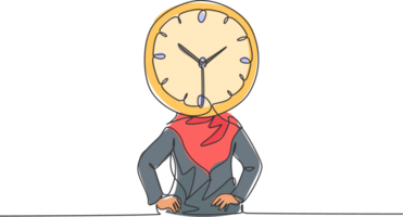 Single continuous line drawing young Arab business woman with analog clock head at the office. Business time discipline metaphor concept. Dynamic one line draw graphic design illustration. png