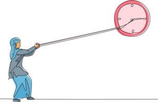 Continuous one line drawing young Arab female worker pulling clockwise of big analog wall clock with rope. Time management minimalist concept. Single line draw design graphic illustration. png
