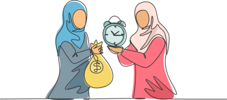 Single continuous line drawing two young Arab business woman exchange money bag and analog alarm clock. Minimalism metaphor business concept. Dynamic one line draw graphic design illustration. png
