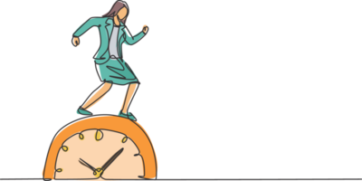 Single continuous line drawing young business woman walking on the big analog clock. Urgency minimalism metaphor business deadline concept. Dynamic one line draw graphic design illustration. png