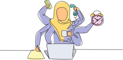 Continuous one line drawing young Arab female worker with holding telephone, alarm clock, paper. Business time discipline metaphor concept. Single line draw design graphic illustration. png