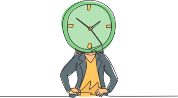 Single one line drawing of young business woman with analog clock head at the office. Business time discipline metaphor concept. Modern continuous line draw design graphic illustration. png