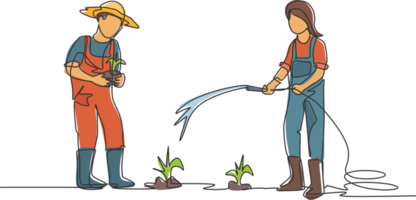 solteiro contínuo linha desenhando casal agricultor rega a plantas usando uma mangueira e plantio Novo plantas. agricultor plantio Atividades conceito. dinâmico 1 linha desenhar gráfico Projeto ilustração. png