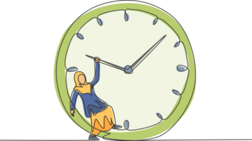 Single continuous line drawing young Arab business woman Hanging on clockwise of giant analog clock. Business time discipline metaphor concept. Dynamic one line draw graphic design illustration png