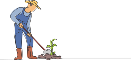 Continuous one line drawing young male farmer shoveled the soil with the plants using a shovel. Successful farming challenge minimalist concept. Single line draw design graphic illustration. png