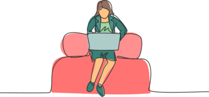 Continuous one line drawing young woman worker sitting on sofa while typing business proposal on laptop. Manager preparing work concept. Single line draw design graphic illustration. png