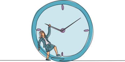 Continuous one line drawing young woman worker hanging on clockwise of giant analog clock. Business time discipline metaphor concept. Single line draw design graphic illustration. png