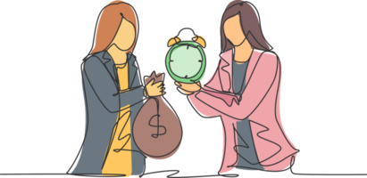 Single continuous line drawing two young business woman exchange money bag and analog alarm clock. Professional manager. Minimalism metaphor concept. One line draw graphic design illustration. png