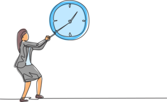 Continuous one line drawing young woman worker pulling clockwise of big analog wall clock with rope. Time management business minimalist concept. Single line draw design graphic illustration. png