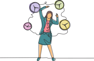 Single continuous line drawing stressful business woman surrounded by flying analog clocks. Minimalism metaphor business deadline concept. Dynamic one line draw graphic design illustration. png