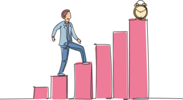 Single one line drawing of young business man walking on the graph bar to reach alarm clock. Business time discipline metaphor concept. Modern continuous line draw design graphic illustration png