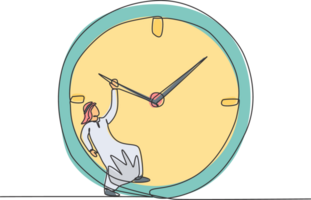 Continuous one line drawing young Arab male worker hanging on clockwise of giant analog clock. Business time discipline metaphor concept. Single line draw design graphic illustration. png