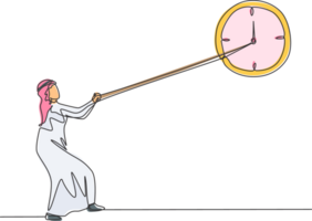 Single continuous line drawing young Arab business man pulling clockwise of big analog wall clock with rope. Time management metaphor concept. One line draw graphic design graphic illustration. png