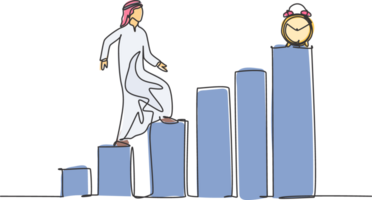 Single one line drawing of young Arabian business man walking on the graph bar to reach alarm clock. Business challenge metaphor concept. Modern continuous line draw design graphic illustration png