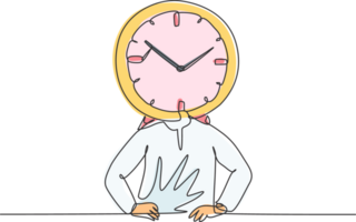 Single one line drawing of young Arabian business man with analog clock head at the office. Business time discipline metaphor concept. Modern continuous line draw design graphic illustration. png