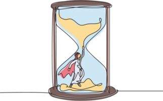 Continuous one line drawing young Arab male worker with wing flying to get out from hourglass. Minimalism metaphor business deadline concept. Single line draw design graphic illustration. png