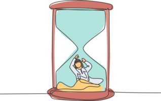 Single one line drawing of young Arabian business man buried inside sandglass asking for help. Minimalism metaphor business deadline concept. Continuous line draw design graphic illustration. png