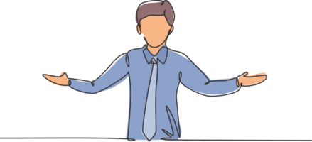 Continuous one line drawing young male worker stretched out his arms. Business presentation to find out solution minimalist concept. Single line draw design graphic illustration png