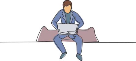 Single one line drawing of young business man sitting on sofa while typing business proposal on laptop. Manager preparing work concept. Modern continuous line draw design graphic illustration png