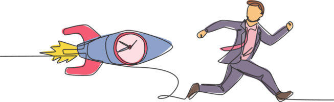 continu un ligne dessin Jeune Masculin ouvrier chassé par en volant fusée avec analogique l'horloge à l'intérieur. se ruer heure la gestion affaires minimaliste concept. Célibataire ligne dessiner conception graphique illustration png