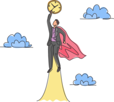 Single continuous line drawing young business man flying to the sky to reach analog clock. Minimalism metaphor business deadline concept. Dynamic one line draw graphic design illustration png