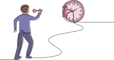 Single one line drawing of young business man hit the analog clock on wall with dart arrow. Business time discipline metaphor concept. Modern continuous line draw design graphic illustration png